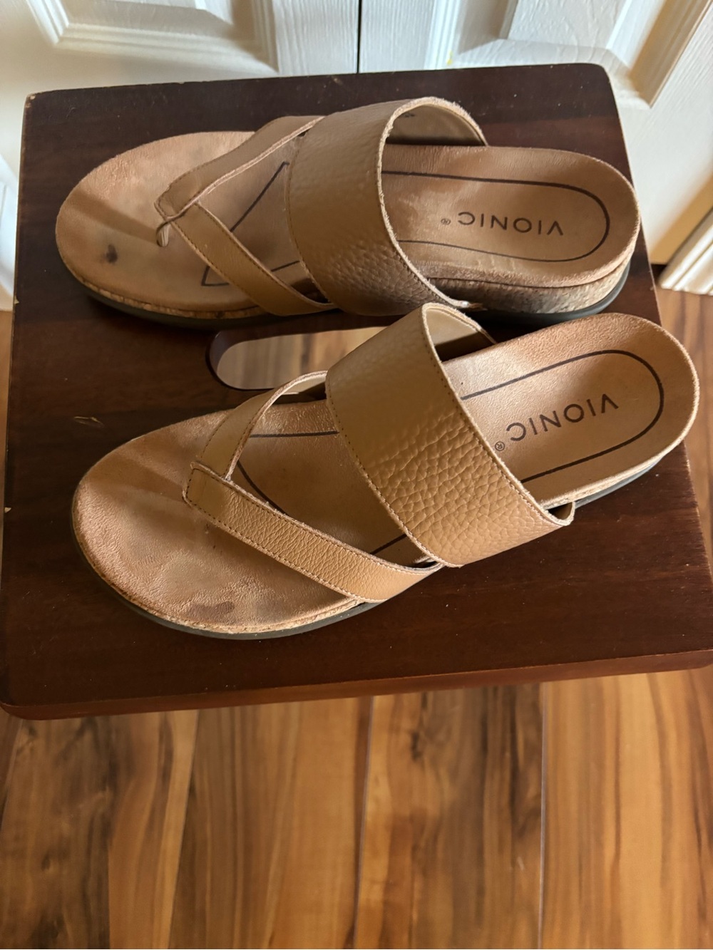 Vionic Tan Slip-On Leather Sandals with Wide Strap